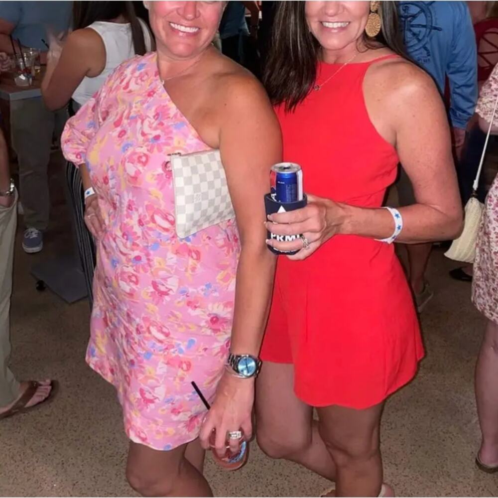 Something Navy Pink Floral Mini Dress MEDIUM One Shoulder Linen Shift Party $165 - Picture 5 of 11